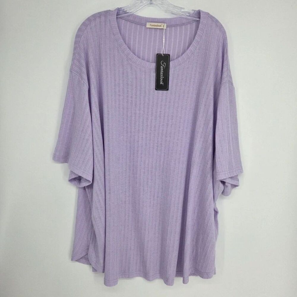 Fantaslook Lavender Ribbed Casual Short Sleeve Blouse NWT Plus 5XL